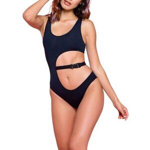 Hauty Katlyn 1 Piece Microfiber Bodysuit with Belted Cut Out Waist Lingerie M